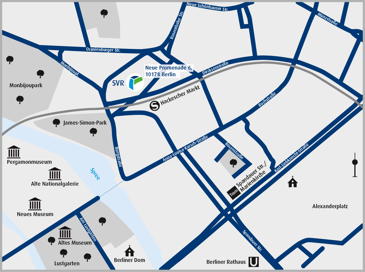 Visualisierung des Standorts der SVR-Geschäftsstelle am Hackeschen Markt in Berlin in Form eines Kartenausschnitts